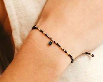 Gold and black spinel bracelet, Tiny black gemstone beads bracelet , August birthstone black bracelet, Minimalist bracelet for elegant women