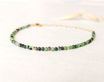Zoisite beaded bracelet, Green and black dainty bracelet, Genuine green gift for mom, Ruby zoisite gemstone bracelet for women