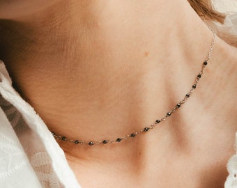 Dainty Black Hematite Rosary Necklace · Sterling Silver Beaded Choker · Minimalist Gemstone Jewelry