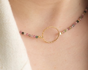 Watermelon Tourmaline Ring Necklace • Gold Circle Pendant Choker • Karma Eternity Gemstone Jewelry
