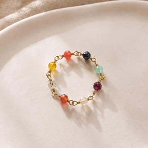 Multigemstone Chain Ring, Rainbow Gemstone Satellite Ring, Dainty Stacking Ring, 18K Gold Plated, Gift for Her.