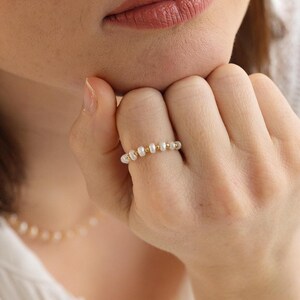 Dainty Gold Pearl Ring • Stackable Stretch Band • Minimalist Bohemian Jewelry