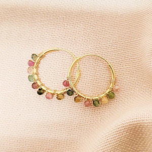 Watermelon Tourmaline Hoop Earrings: Beaded Gemstone Huggies