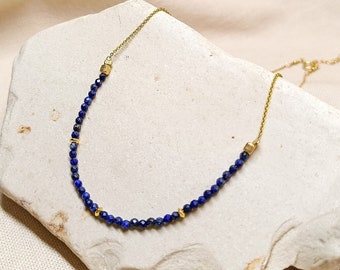 Natural lapis necklace with gold chain, Dainty lapis lazuli beaded choker, September birthstone gift, Layering blue gemstone necklace