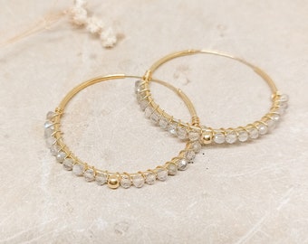 Labradorite gold hoop earrings, Dainty white gemstone hoops, Bridesmaid gemstone hoop earrings, Handmade labradorite 18K hoops for women