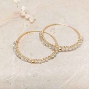 Labradorite gold hoop earrings, Dainty white gemstone hoops, Bridesmaid gemstone hoop earrings, Handmade labradorite 18K hoops for women Large 1.5 inch
