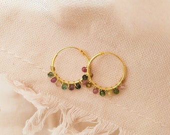 Tourmaline hoop earrings, Small colored gemstone hoops, Dainty watermelon tourmaline earrings, Perfect gift for girlfriend