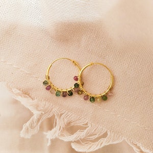 Tourmaline hoop earrings, Small colored gemstone hoops, Dainty watermelon tourmaline earrings, October birthstone earrings in gold