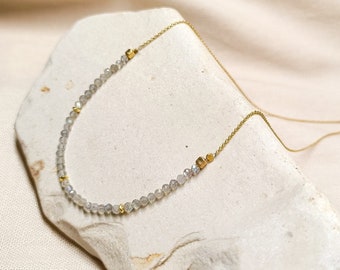 Dainty labradorite beaded necklace, White gemstone gold chain choker, Bohemian white and gold necklace for woman, February birthstone gift