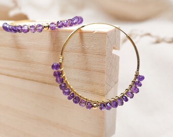 Dainty amethyst hoop earrings, Purple beaded gold hoops for women, Natural amethyst February earrings,  February birthstone boho earrings
