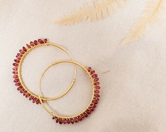 Red garnet earrings in gold, Dainty gemstone hoop earrings with tiny garnet beads, Golden bohemian hoops, Birthday gift for sister