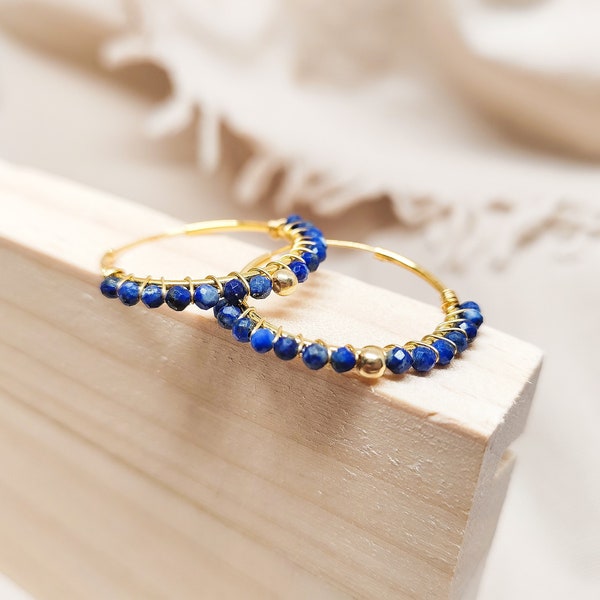 Lapis gold hoop earrings, Genuine lapis lazuli beaded hoops, Blue gemstone hoops, December birthstone earrings for women, Small beads hoops