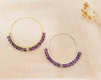 Amethyst gold earrings, Dainty natural amethyst hoops, Purple gold earrings for women, February birthstone 14k gold beaded earrings