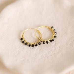 Black spinel hoop earrings, Dainty beaded spinel hoop earrings, Natural black gemstone hoops with tiny spinel beads, Elegant jewelry for her