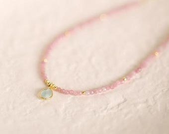 Dainty Pink Tourmaline Necklace, Delicate Beaded Gold Choker, Chalcedony Gemstone Pendant