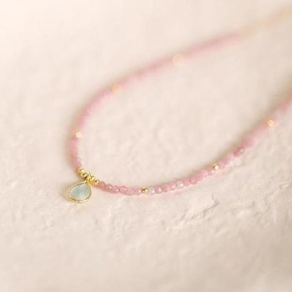 Dainty Pink Tourmaline Necklace – Gold Beaded Chalcedony Pendant, Delicate Minimal Boho Jewelry