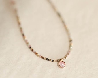 Dainty tourmaline choker, Beaded watermelon tourmaline necklace, Tiny gemstone necklace with chalcedony pendant, October birthstone necklace