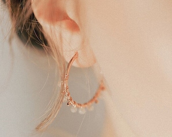 Bride hoop earrings, Minimalist wedding rose gold hoops, Labradorite hoops, Minimalist gemstone earrings, Dainty white earrings