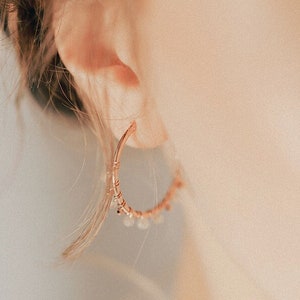 White gemstone beaded hoops, labradorite hoop earrings in rose gold, Wire wrapped gem hoop earrings, March birthstone labradorite jewelry image 2