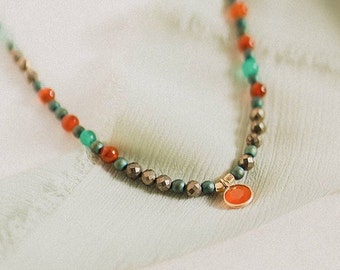 Orange pendant choker necklace, Agate gemstone choker, Multi color beaded necklace, Tiny colored choker for women, Orange lover perfect gift