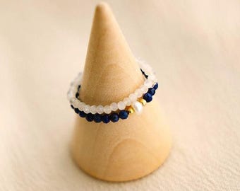 Lapis Lazuli Pearl Stretch Ring • Moonstone Stacking Ring • December Birthstone Jewelry Set