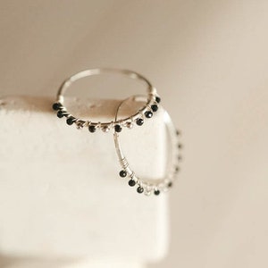Black Spinel Hoop Earrings: Dainty Sterling Silver Gemstone Hoops