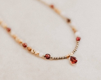 Garnet pendant choker, Genuine gold garnet necklace, Teardrop red garnet necklace with agate beads, January birthstone necklace for women