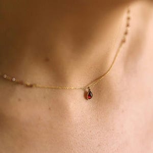 Gold Garnet Pendant Necklace · Red Beaded Rosary Chain Choker · Dainty January Birthstone Jewelry