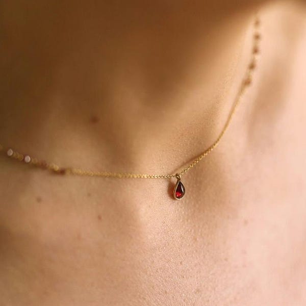 Gold Garnet Pendant Necklace · Red Beaded Rosary Chain Choker · Dainty January Birthstone Jewelry