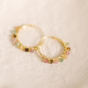 トルマリンフープイヤリング • スイカの宝石ビーズ • 10月の誕生石ジュエリー