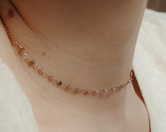 Fine watermelon tourmaline necklace, Tiny gemstone rose gold choker, Minimalist multi color bead rosary necklace, October tourmaline gift