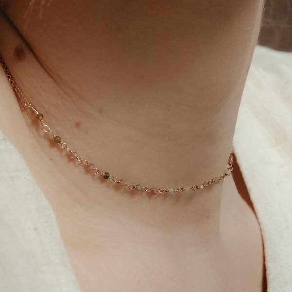 Fine watermelon tourmaline necklace, Tiny gemstone rose gold choker, Minimalist multi color bead rosary necklace, October tourmaline gift