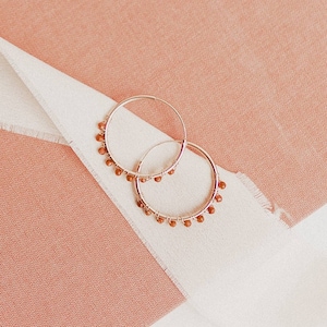 Orange beaded hoop earrings, Dainty gemstone rose gold hoops, Wire wrapped aventurine earrings, Tiny delicate earrings for mom image 1