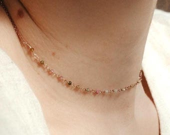 Watermelon Tourmaline Necklace, Dainty Rose Gold Satellite Choker, Minimalist Station Chain Jewelry, October Birthstone Rosary Jewelry