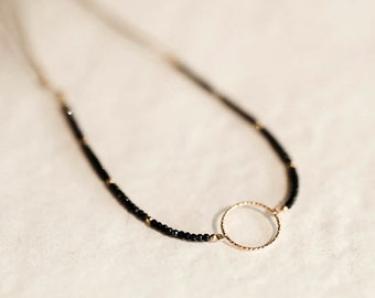 Gold circle necklace, Black karma choker with tiny spinel beads, Dainty gemstone necklace, Eternity choker, Circle of life, Minimal jewelry