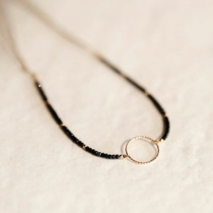 Gold circle necklace, Black karma choker with tiny spinel beads, Dainty gemstone necklace, Eternity choker for women, Circle of life