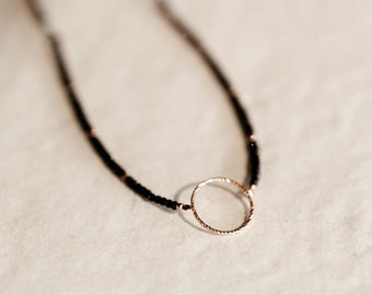 Rose gold circle necklace, Black karma choker with tiny spinel beads, Dainty gemstone necklace, Rose gold eternity choker, Circle of life