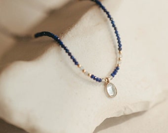 Lapis beaded necklace, Dainty lapis lazuli choker with topaz pendant, Blue gemstone choker for women, Tiny lapis choker, Birthstone jewelry