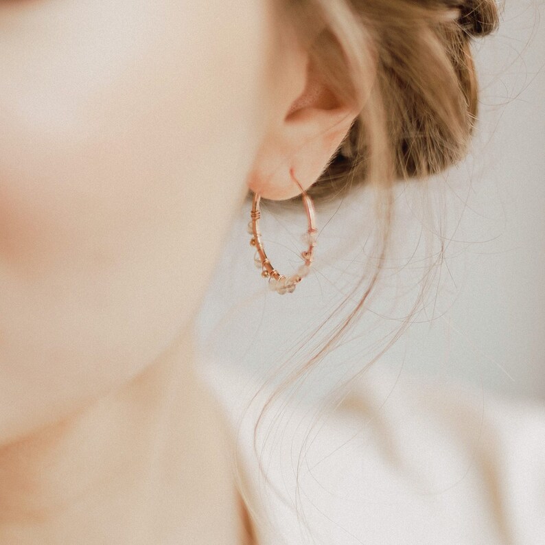 White gemstone beaded hoops, labradorite hoop earrings in rose gold, Wire wrapped gem hoop earrings, March birthstone labradorite jewelry image 5