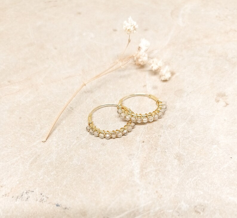 Labradorite gold hoop earrings, Dainty white gemstone hoops, Bridesmaid gemstone hoop earrings, Handmade labradorite 18K hoops for women Small 0.6 inch