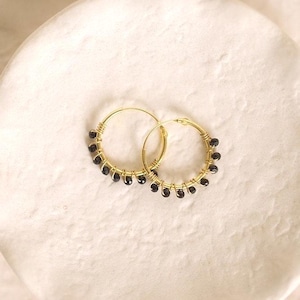 Black Spinel Gold Hoop Earrings: Dainty Gemstone Jewelry