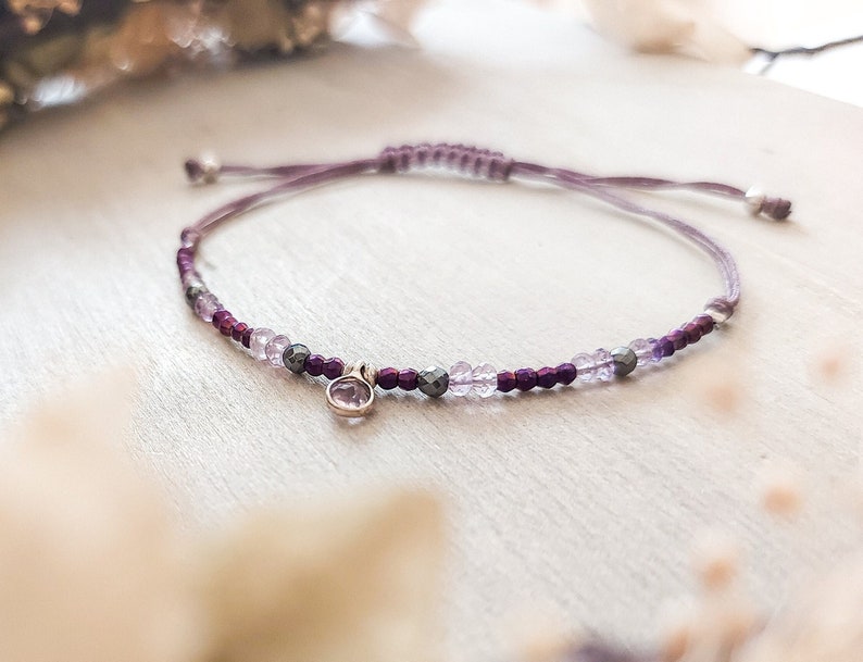 Genuine amethyst bracelet, Healing crystal bracelet, Purple yoga adjustable bracelet, February birthstone amethyst jewelry image 2