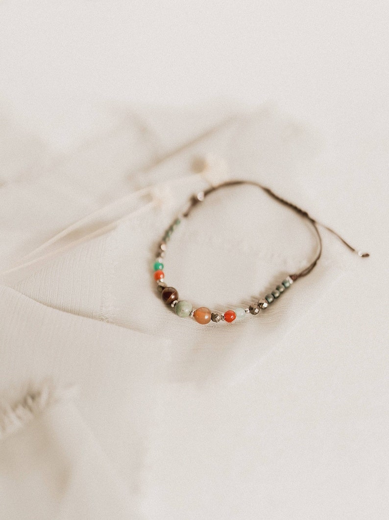 Agate bracelet with orange chalcedony charm, Multigemstone hippie bracelet, Colorful bracelet with gemstones, Green boho chic bracelet image 3