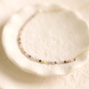 Watermelon Tourmaline Layering Necklace • Handcrafted Beaded Gold Necklace • Dainty Gemstone Jewelry for Her
