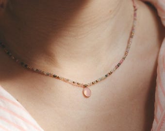 Watermelon tourmaline gold necklace, Rainbow beaded choker, Pink chalcedony pendant, October birthstone jewelry gift