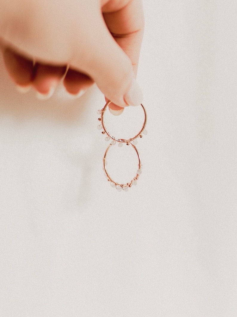 White gemstone beaded hoops, labradorite hoop earrings in rose gold, Wire wrapped gem hoop earrings, March birthstone labradorite jewelry image 1