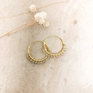 Labradorite gold hoop earrings, Dainty white gemstone hoops, Bridesmaid gemstone hoop earrings, Handmade labradorite 18K hoops for women image 4