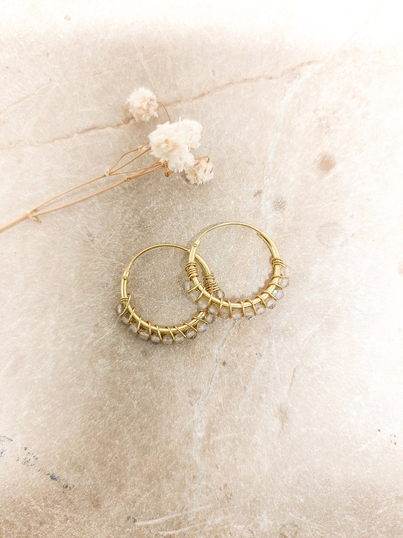 Labradorite gold hoop earrings, Dainty white gemstone hoops, Bridesmaid gemstone hoop earrings, Handmade labradorite 18K hoops for women image 4