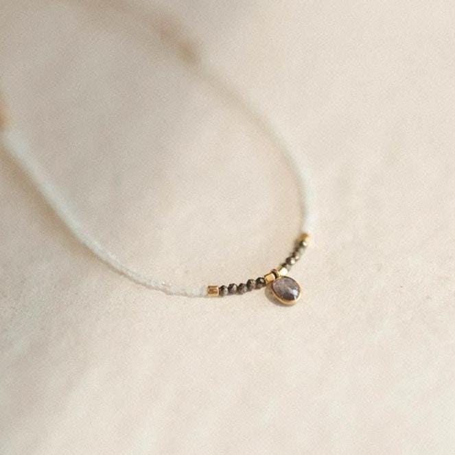 Moonstone Necklace with Iolite Pendant, Dainty Gold Beaded Layering Jewelry, January Birthstone