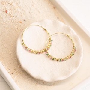 Large tourmaline hoop earrings, Boho rainbow beaded hoops, Watermelon tourmaline gold earrings, October birthstone tourmaline earrings